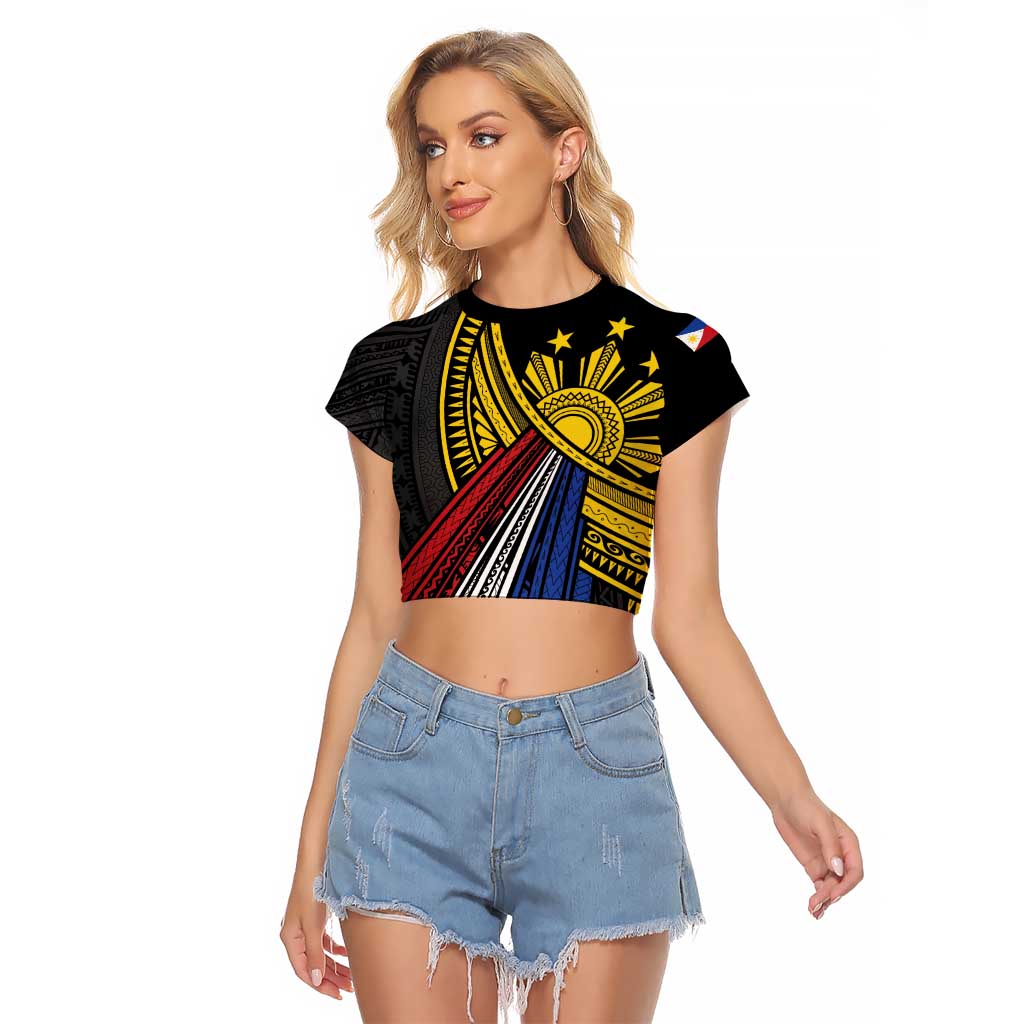 Philippines Sun Raglan Cropped T Shirt Pasifika Tribal Style LT7 Female Black - Polynesian Pride