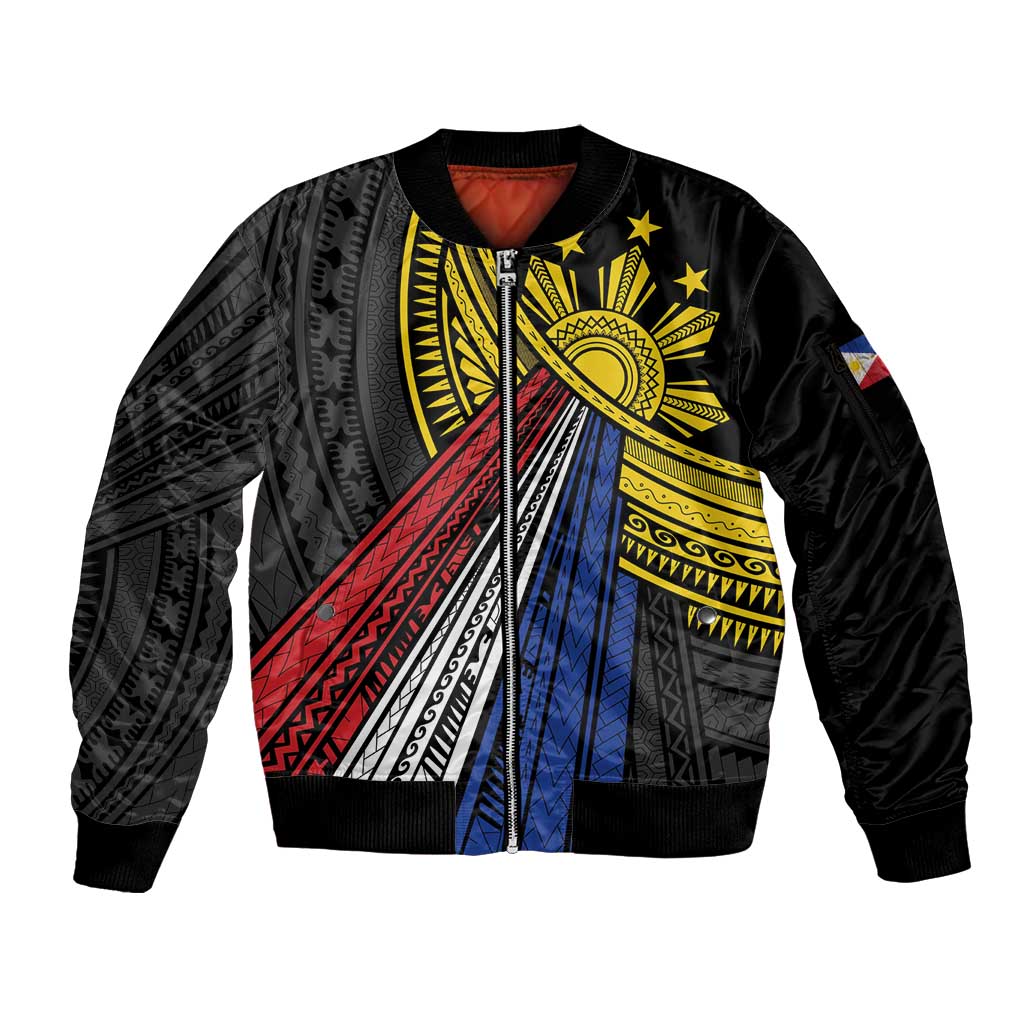 Philippines Sun Sleeve Zip Bomber Jacket Pasifika Tribal Style LT7 Unisex Black - Polynesian Pride