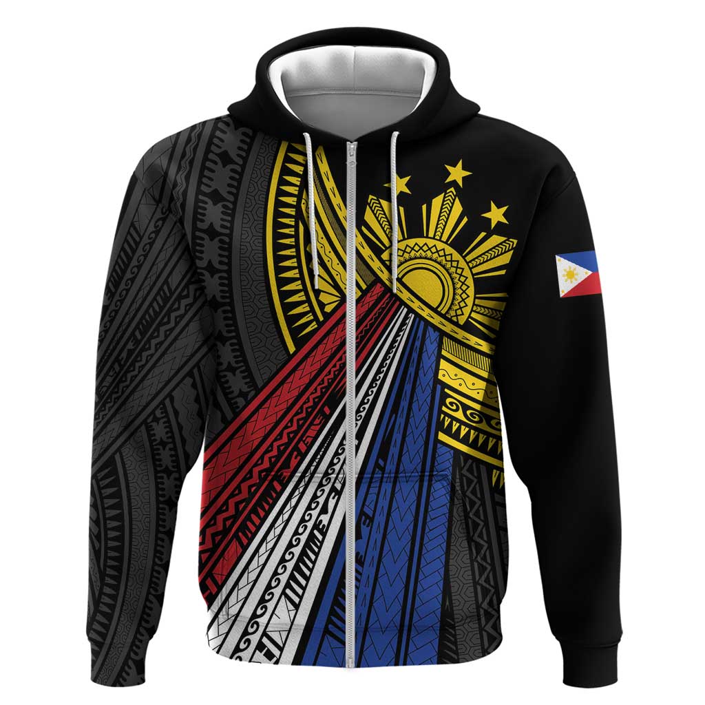 Philippines Sun Zip Hoodie Pasifika Tribal Style LT7 Zip Hoodie Black - Polynesian Pride