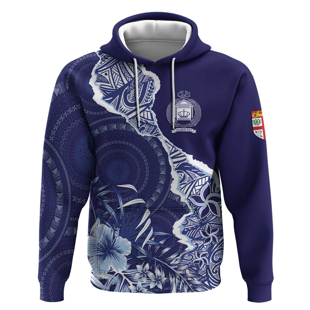 Fiji Queen Victoria School Personalised Hoodie Masi Tapa Torn Style LT7 Pullover Hoodie Blue - Polynesian Pride