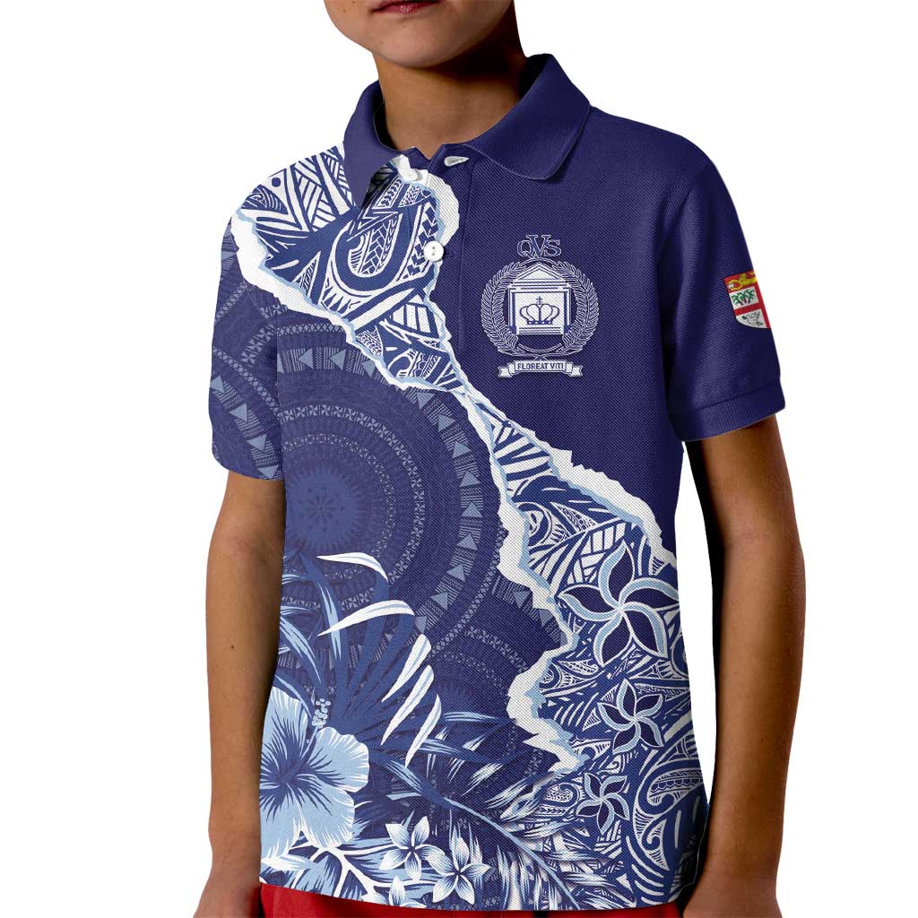 Fiji Queen Victoria School Personalised Kid Polo Shirt Masi Tapa Torn Style LT7 Kid Blue - Polynesian Pride