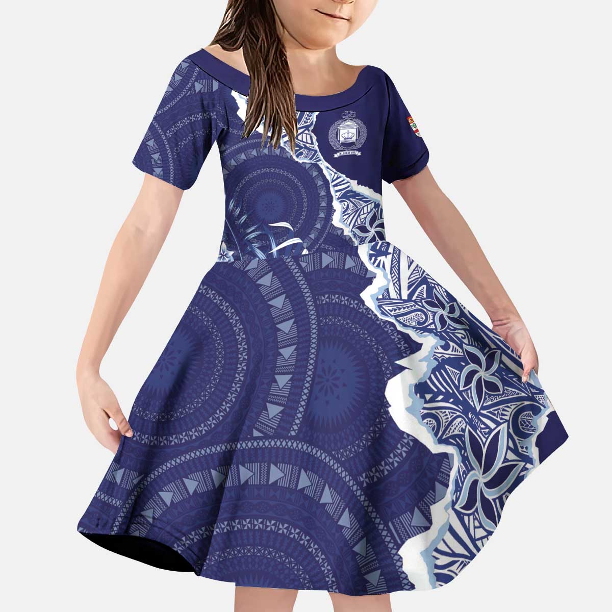 Fiji Queen Victoria School Personalised Kid Short Sleeve Dress Masi Tapa Torn Style LT7 KID Blue - Polynesian Pride