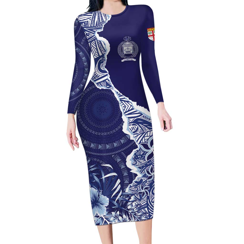 Fiji Queen Victoria School Personalised Long Sleeve Bodycon Dress Masi Tapa Torn Style LT7 Long Dress Blue - Polynesian Pride