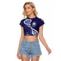 Fiji Queen Victoria School Personalised Raglan Cropped T Shirt Masi Tapa Torn Style LT7 Female Blue - Polynesian Pride