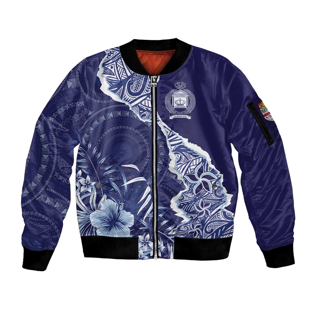 Fiji Queen Victoria School Personalised Sleeve Zip Bomber Jacket Masi Tapa Torn Style LT7 Unisex Blue - Polynesian Pride