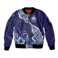 Fiji Queen Victoria School Personalised Sleeve Zip Bomber Jacket Masi Tapa Torn Style LT7 Unisex Blue - Polynesian Pride