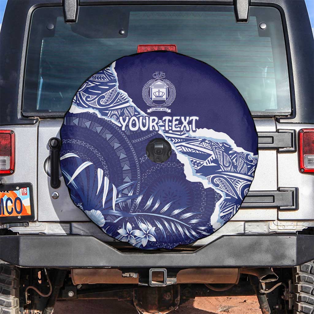 Fiji Queen Victoria School Personalised Spare Tire Cover Masi Tapa Torn Style LT7 Blue - Polynesian Pride