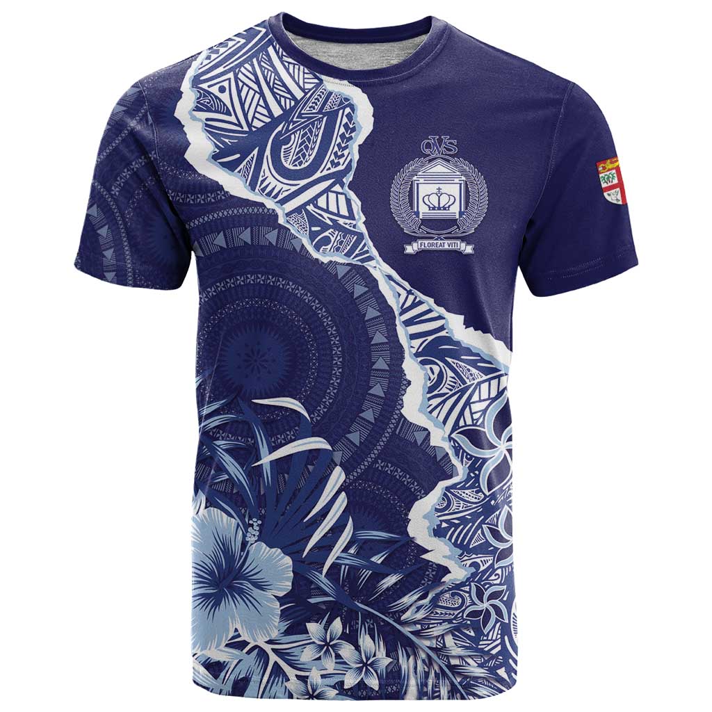 Fiji Queen Victoria School Personalised T Shirt Masi Tapa Torn Style LT7 Blue - Polynesian Pride
