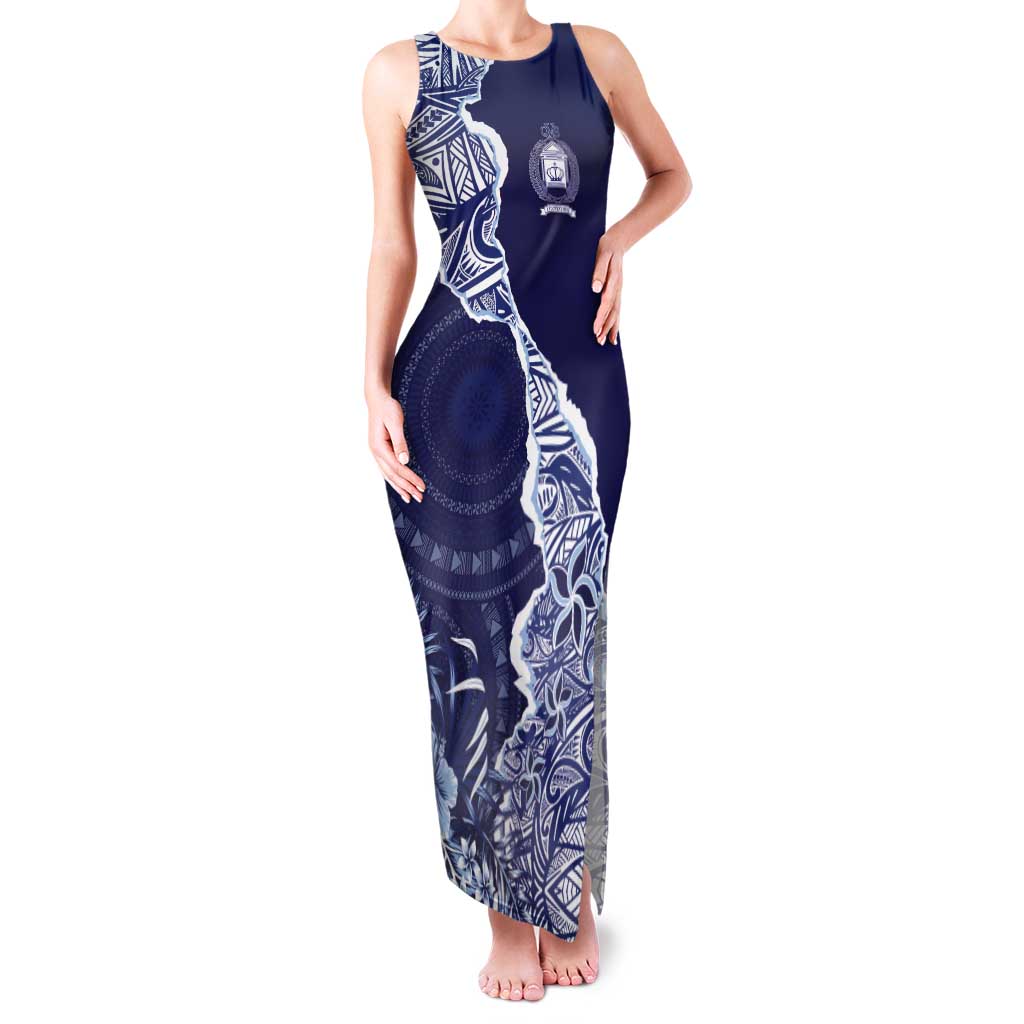 Fiji Queen Victoria School Personalised Tank Maxi Dress Masi Tapa Torn Style LT7 Women Blue - Polynesian Pride