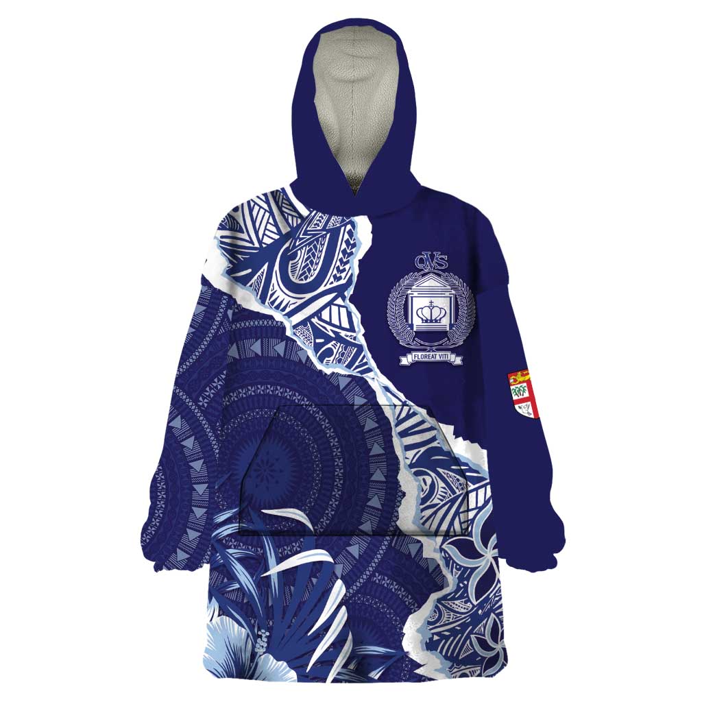 Fiji Queen Victoria School Personalised Wearable Blanket Hoodie Masi Tapa Torn Style LT7 One Size Blue - Polynesian Pride