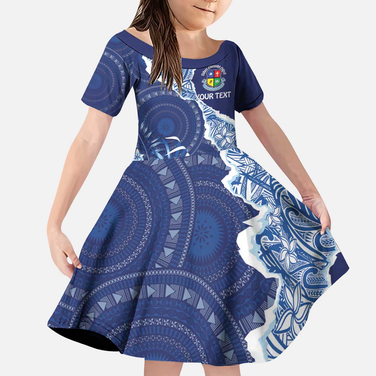 Fiji Lelean Memorial School Personalised Kid Short Sleeve Dress Korodredre Davuilevu Masi Mix Style LT7 KID Blue - Polynesian Pride