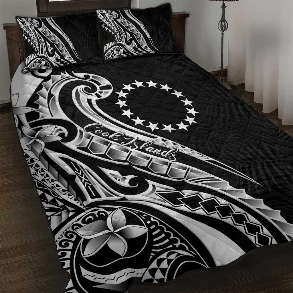 Kia Orana Cook Islands Quilt Bed Set Kerekere Plumeria Tropical Waves LT7 Black - Polynesian Pride