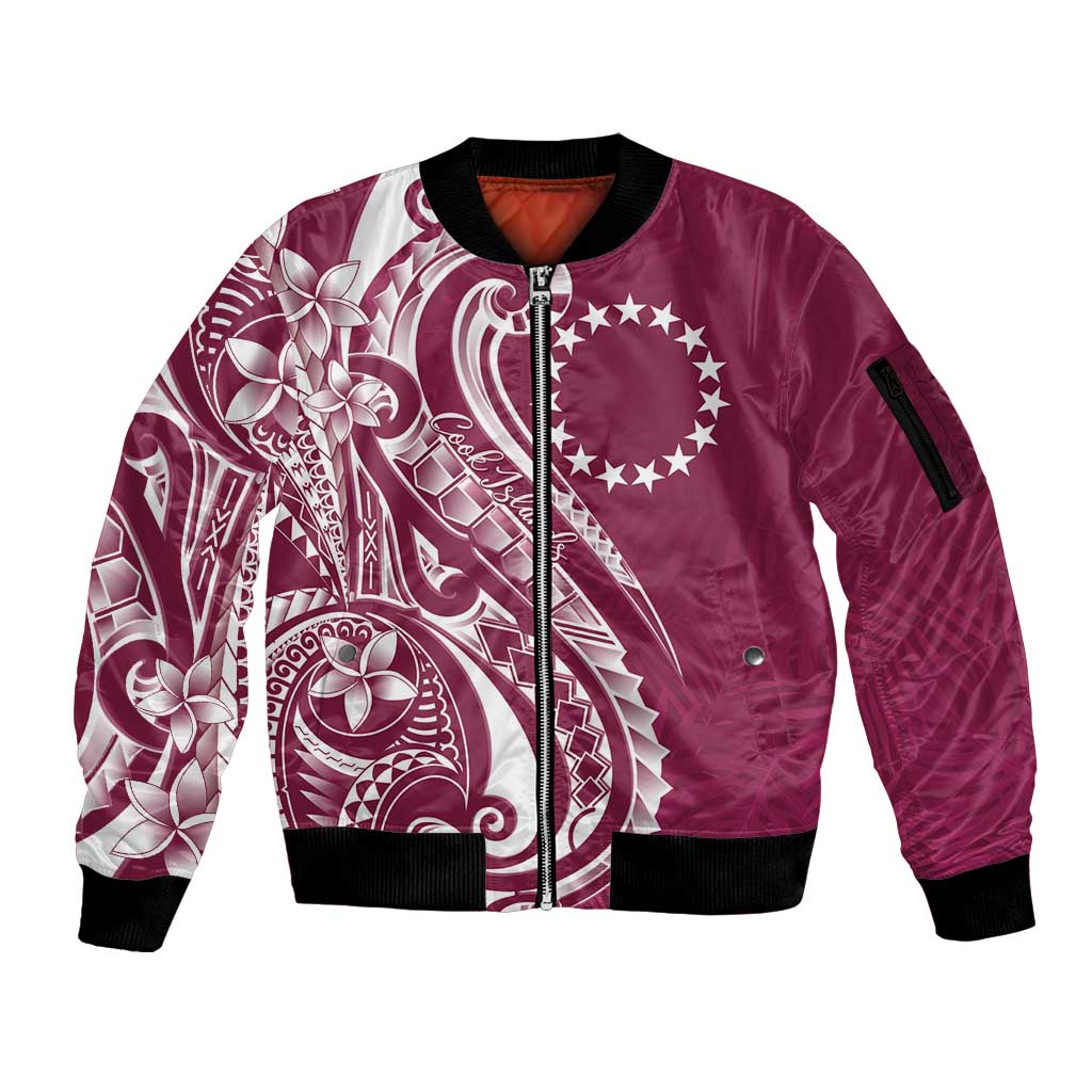 Kia Orana Cook Islands Sleeve Zip Bomber Jacket Maroon Plumeria Tropical Waves LT7 Unisex Maroon - Polynesian Pride