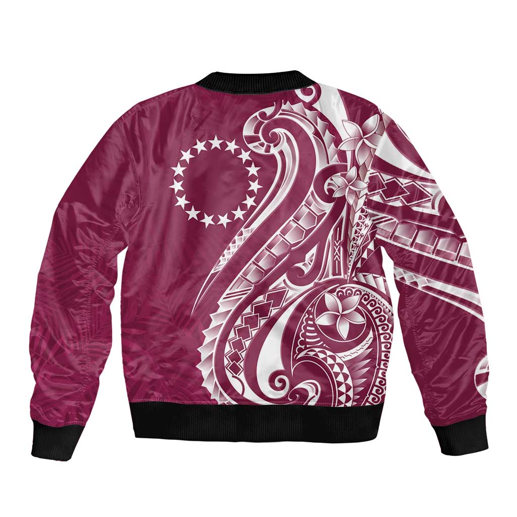 Kia Orana Cook Islands Sleeve Zip Bomber Jacket Maroon Plumeria Tropical Waves LT7 - Polynesian Pride