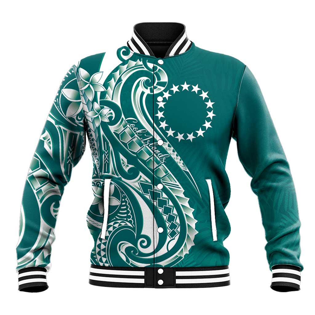 Kia Orana Cook Islands Baseball Jacket Teal Plumeria Tropical Waves LT7 Unisex Teal - Polynesian Pride