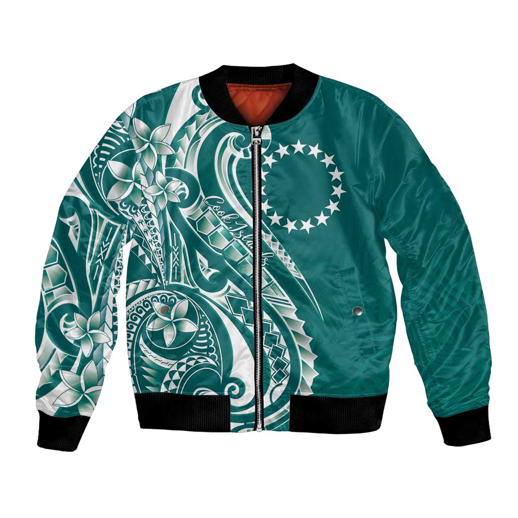 Kia Orana Cook Islands Bomber Jacket Teal Plumeria Tropical Waves LT7 Unisex Teal - Polynesian Pride