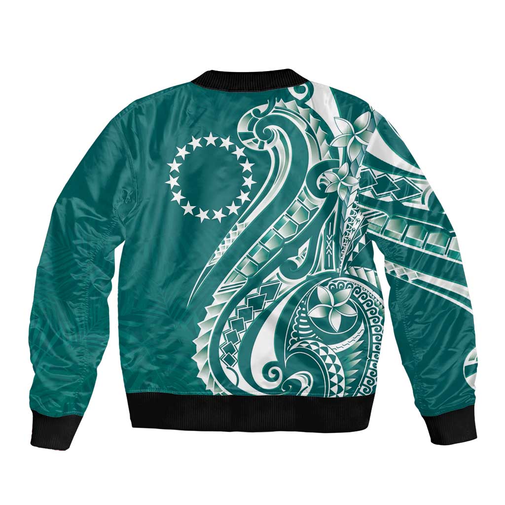 Kia Orana Cook Islands Bomber Jacket Teal Plumeria Tropical Waves LT7 - Polynesian Pride