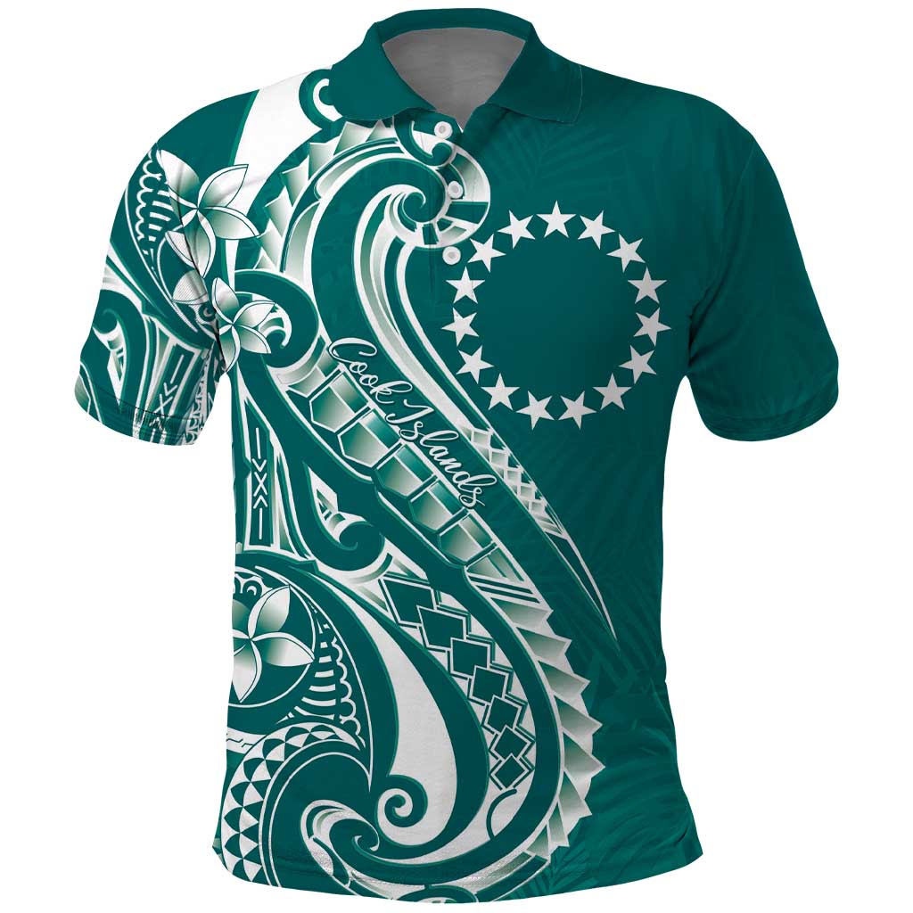 Kia Orana Cook Islands Polo Shirt Teal Plumeria Tropical Waves LT7 Teal - Polynesian Pride