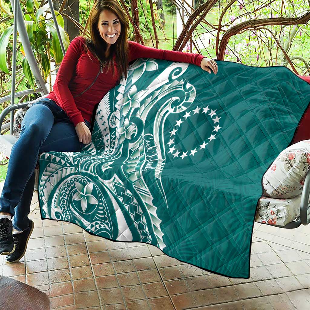 Kia Orana Cook Islands Quilt Teal Plumeria Tropical Waves LT7 - Polynesian Pride