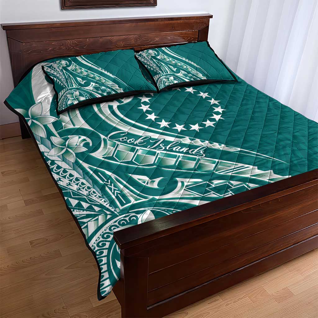 Kia Orana Cook Islands Quilt Bed Set Teal Plumeria Tropical Waves LT7 - Polynesian Pride