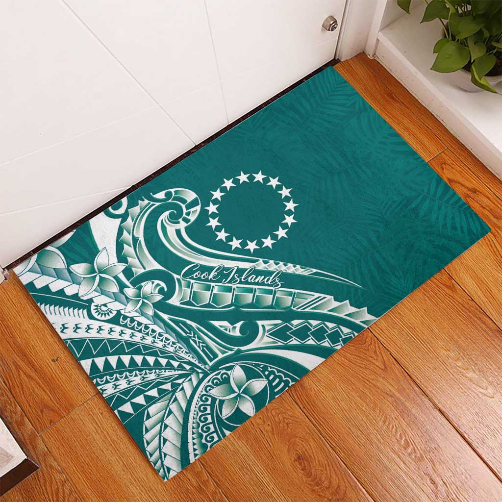 Kia Orana Cook Islands Rubber Doormat Teal Plumeria Tropical Waves LT7 - Polynesian Pride