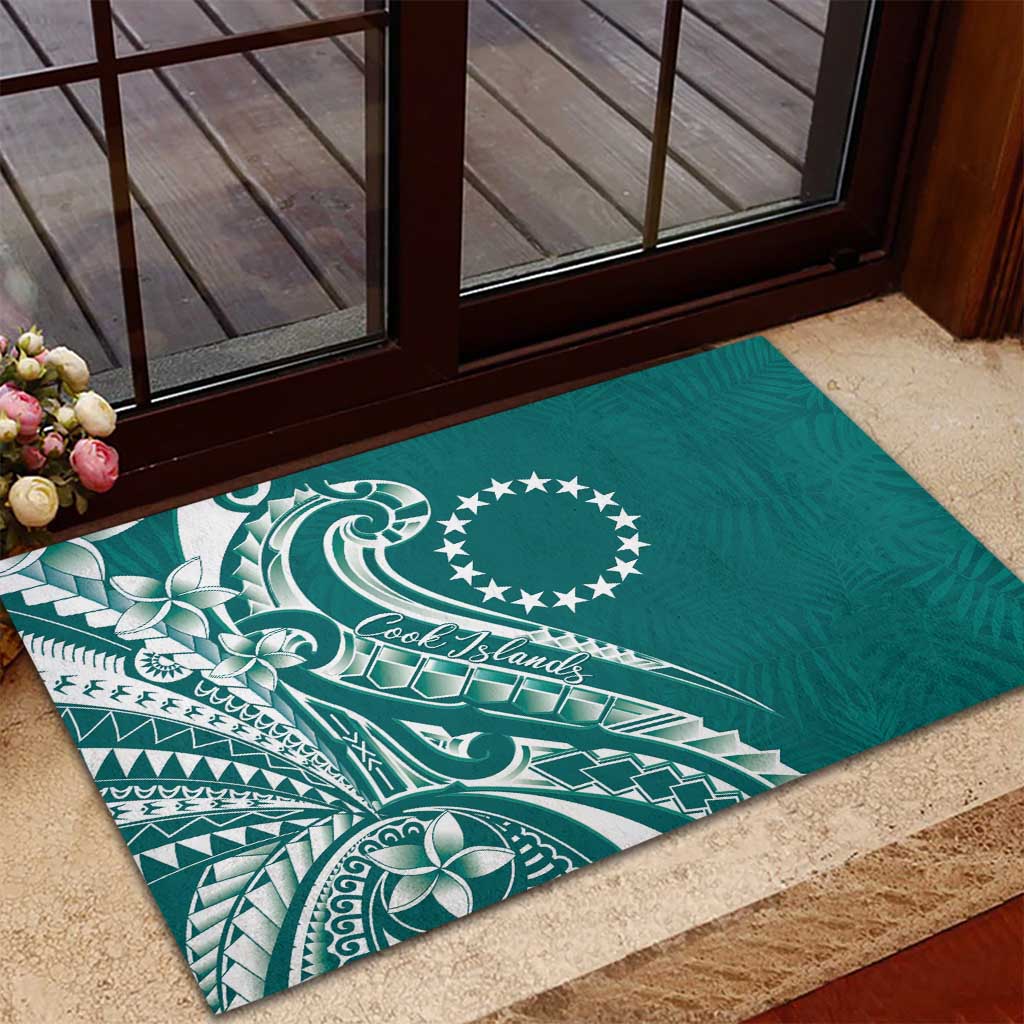 Kia Orana Cook Islands Rubber Doormat Teal Plumeria Tropical Waves LT7 - Polynesian Pride