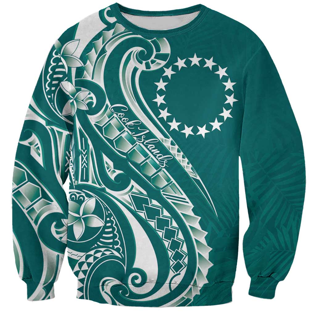 Kia Orana Cook Islands Sweatshirt Teal Plumeria Tropical Waves LT7 Unisex Teal - Polynesian Pride
