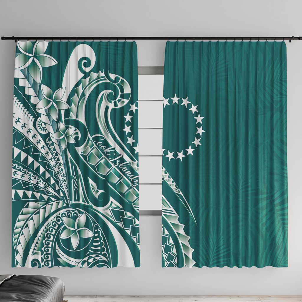 Kia Orana Cook Islands Window Curtain Teal Plumeria Tropical Waves LT7 With Hooks Teal - Polynesian Pride