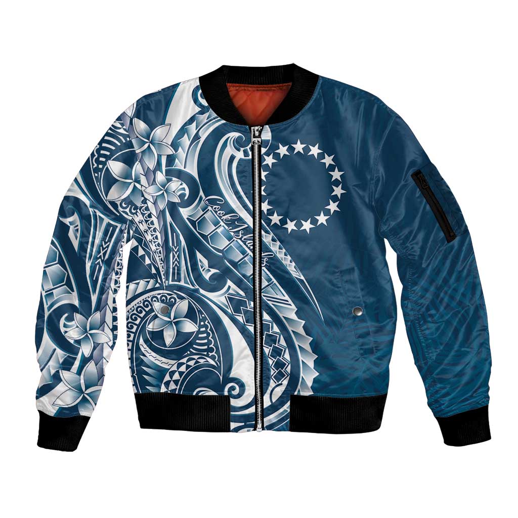 Kia Orana Cook Islands Sleeve Zip Bomber Jacket Auika Plumeria Tropical Waves LT7 Unisex Navy Blue - Polynesian Pride
