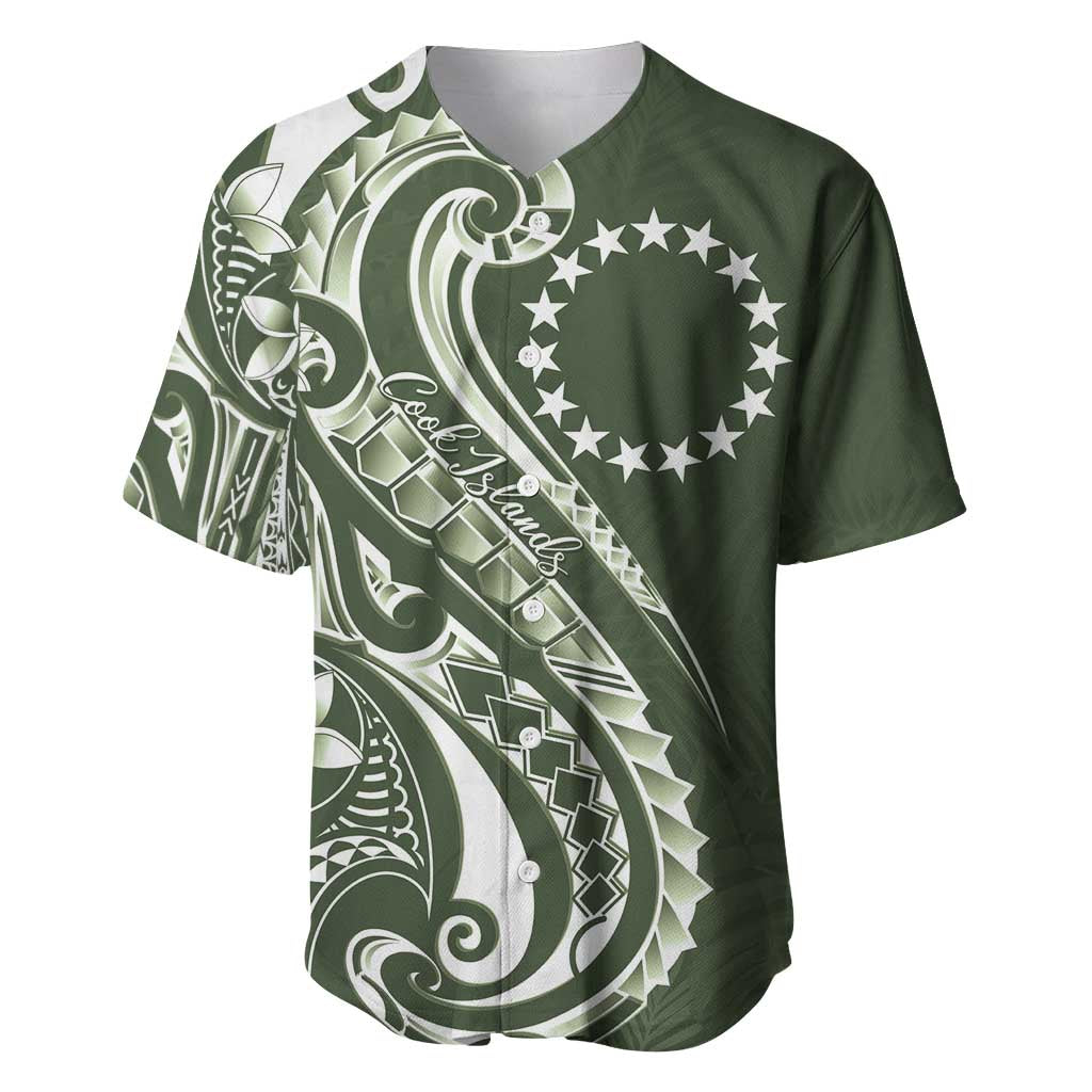 Kia Orana Cook Islands Baseball Jersey Matie Plumeria Tropical Waves LT7 Sage Green - Polynesian Pride