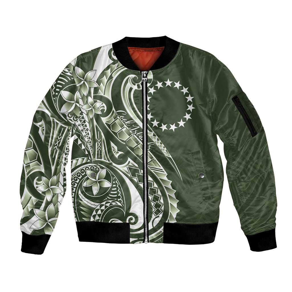 Kia Orana Cook Islands Sleeve Zip Bomber Jacket Matie Plumeria Tropical Waves LT7 Unisex Sage Green - Polynesian Pride