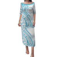 Kia Orana Cook Islands Puletasi Moana Plumeria Tropical Waves LT7 Long Dress Turquoise - Polynesian Pride
