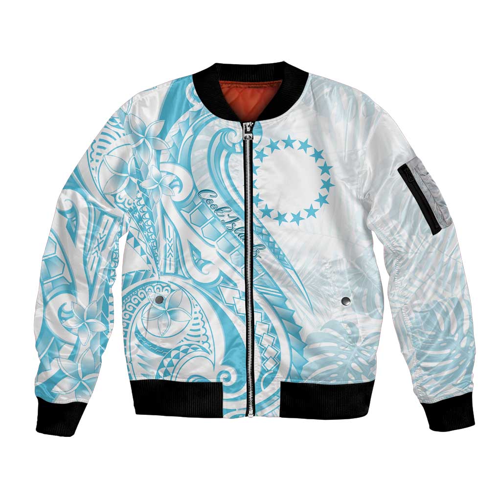Kia Orana Cook Islands Sleeve Zip Bomber Jacket Moana Plumeria Tropical Waves LT7 Unisex Turquoise - Polynesian Pride