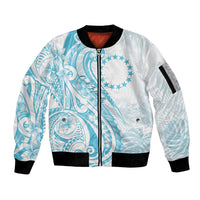 Kia Orana Cook Islands Sleeve Zip Bomber Jacket Moana Plumeria Tropical Waves LT7 Unisex Turquoise - Polynesian Pride