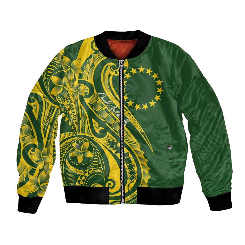 Kia Orana Cook Islands Bomber Jacket Plumeria Tropical Waves LT7 Unisex Yellow Green - Polynesian Pride