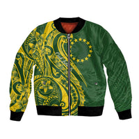 Kia Orana Cook Islands Bomber Jacket Plumeria Tropical Waves LT7 Unisex Yellow Green - Polynesian Pride