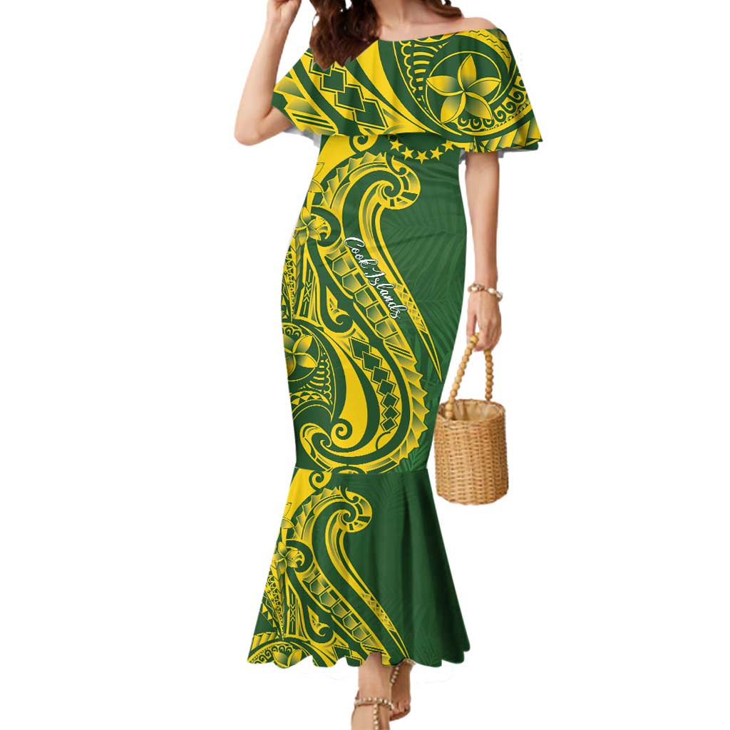 Kia Orana Cook Islands Mermaid Dress Plumeria Tropical Waves LT7 Women Yellow Green - Polynesian Pride