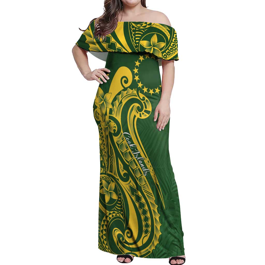 Kia Orana Cook Islands Off Shoulder Maxi Dress Plumeria Tropical Waves LT7 Women Yellow Green - Polynesian Pride