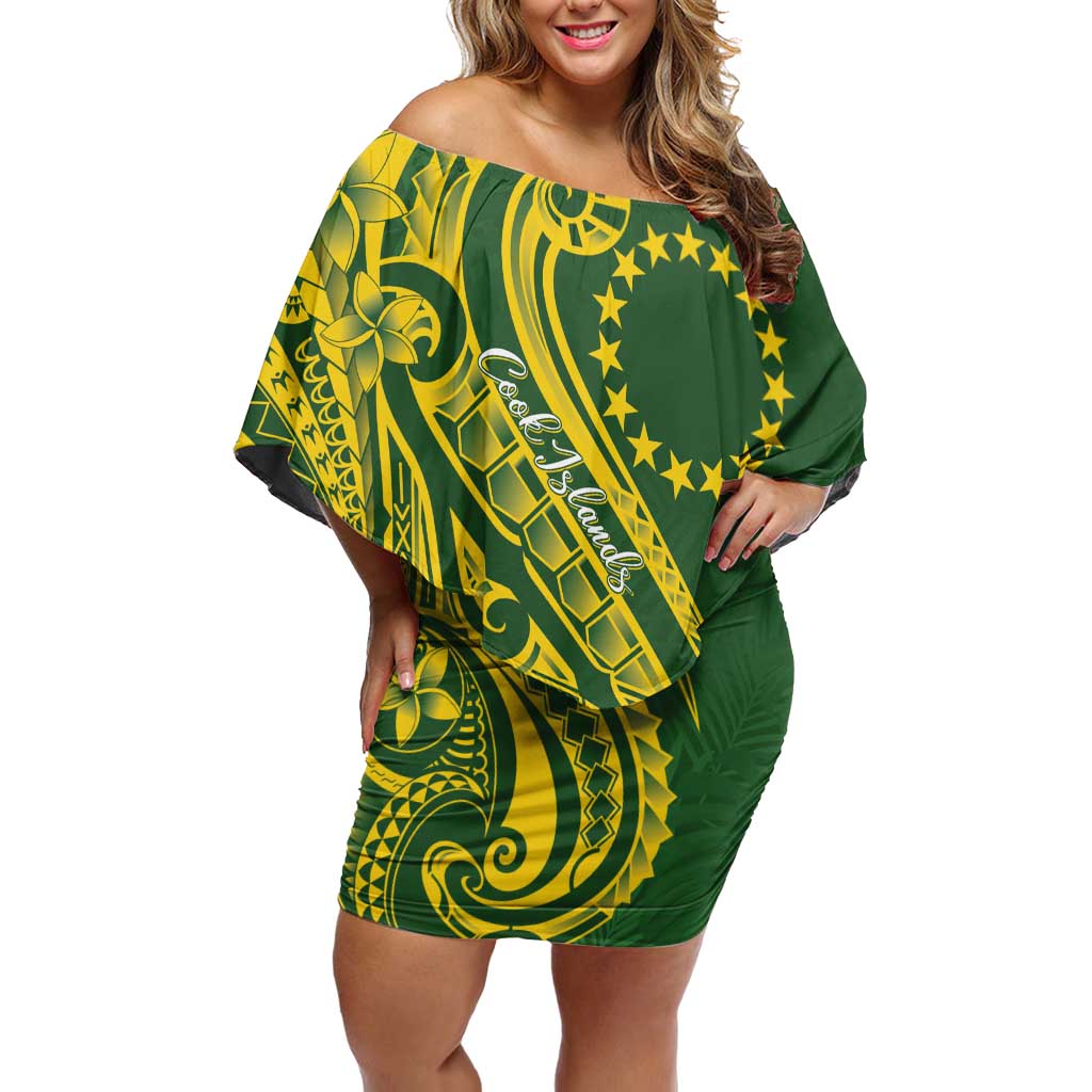 Kia Orana Cook Islands Off Shoulder Short Dress Plumeria Tropical Waves LT7 Women Yellow Green - Polynesian Pride
