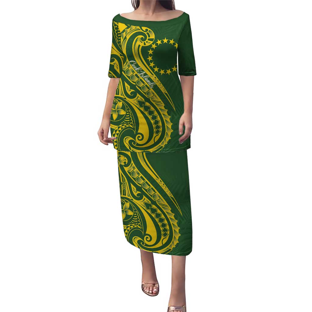 Kia Orana Cook Islands Puletasi Plumeria Tropical Waves LT7 Long Dress Yellow Green - Polynesian Pride