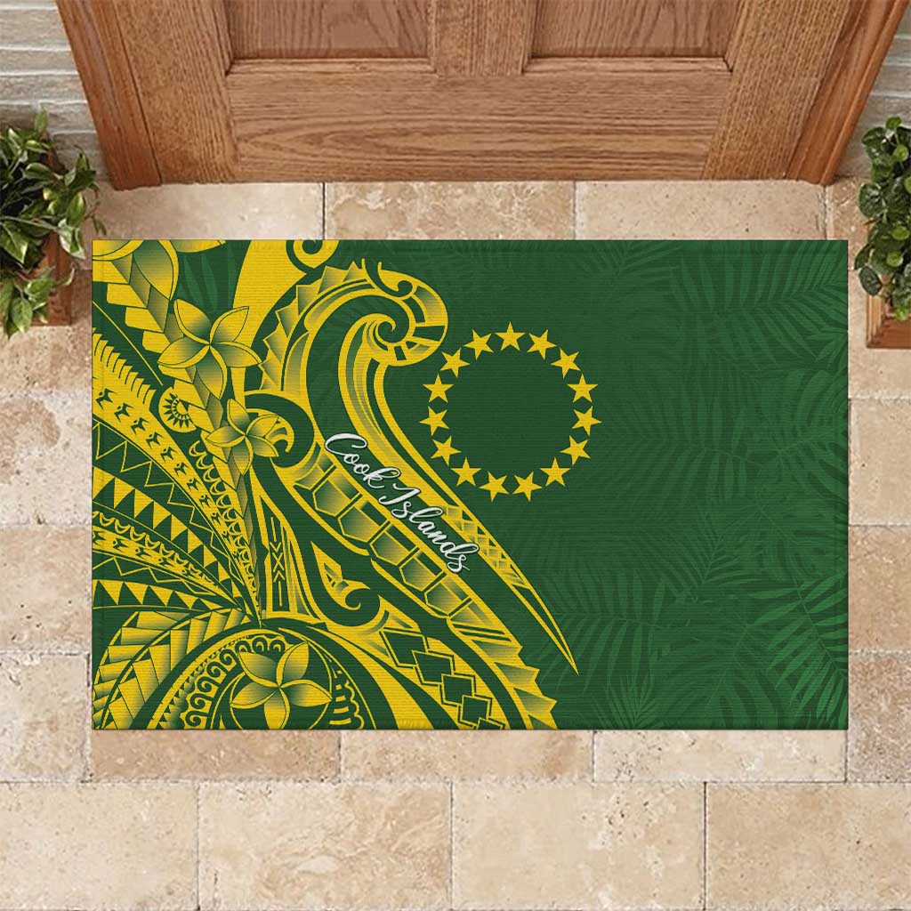 Kia Orana Cook Islands Rubber Doormat Plumeria Tropical Waves LT7 Yellow Green - Polynesian Pride