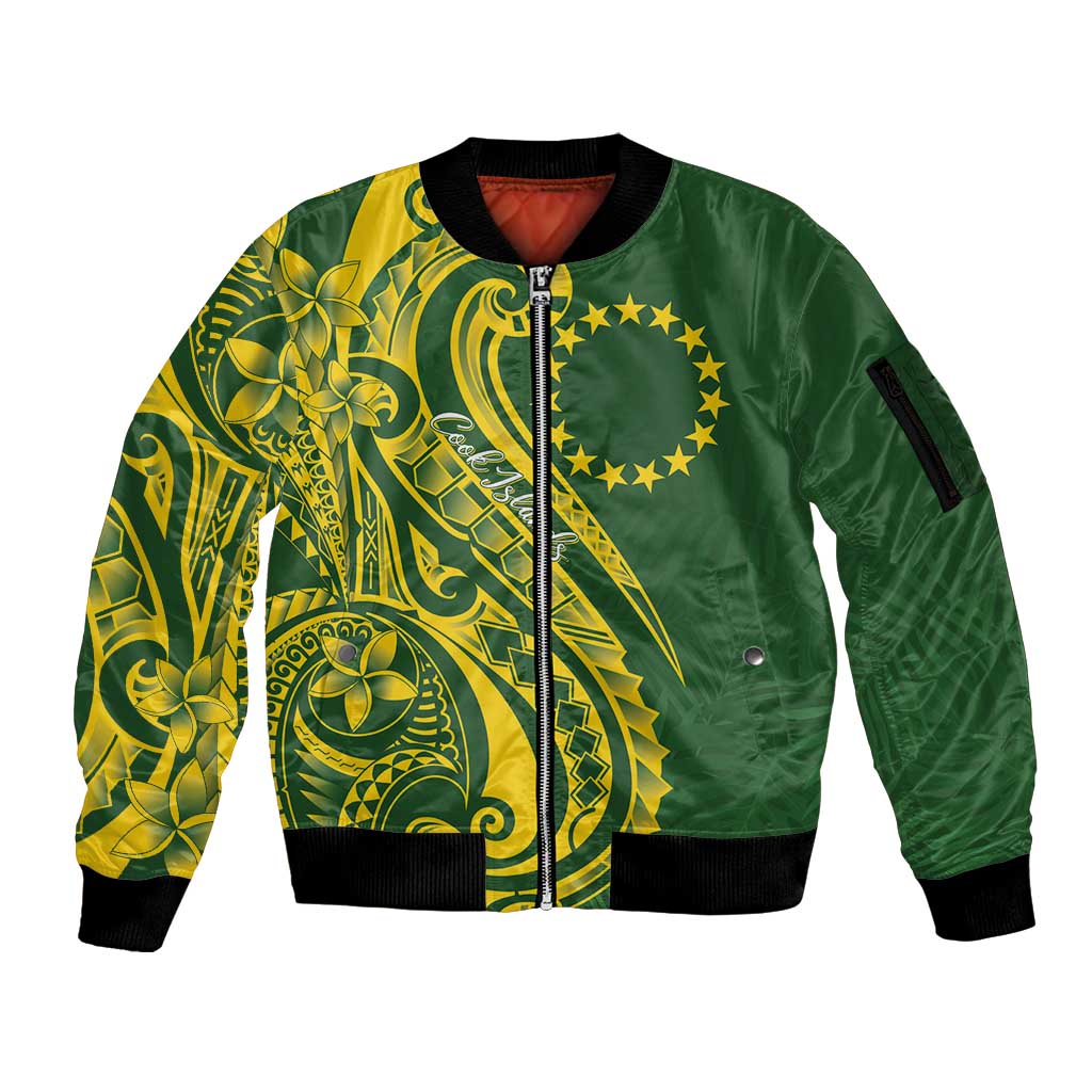 Kia Orana Cook Islands Sleeve Zip Bomber Jacket Plumeria Tropical Waves LT7 Unisex Yellow Green - Polynesian Pride