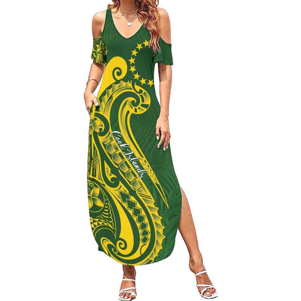 Kia Orana Cook Islands Summer Maxi Dress Plumeria Tropical Waves LT7 Women Yellow Green - Polynesian Pride