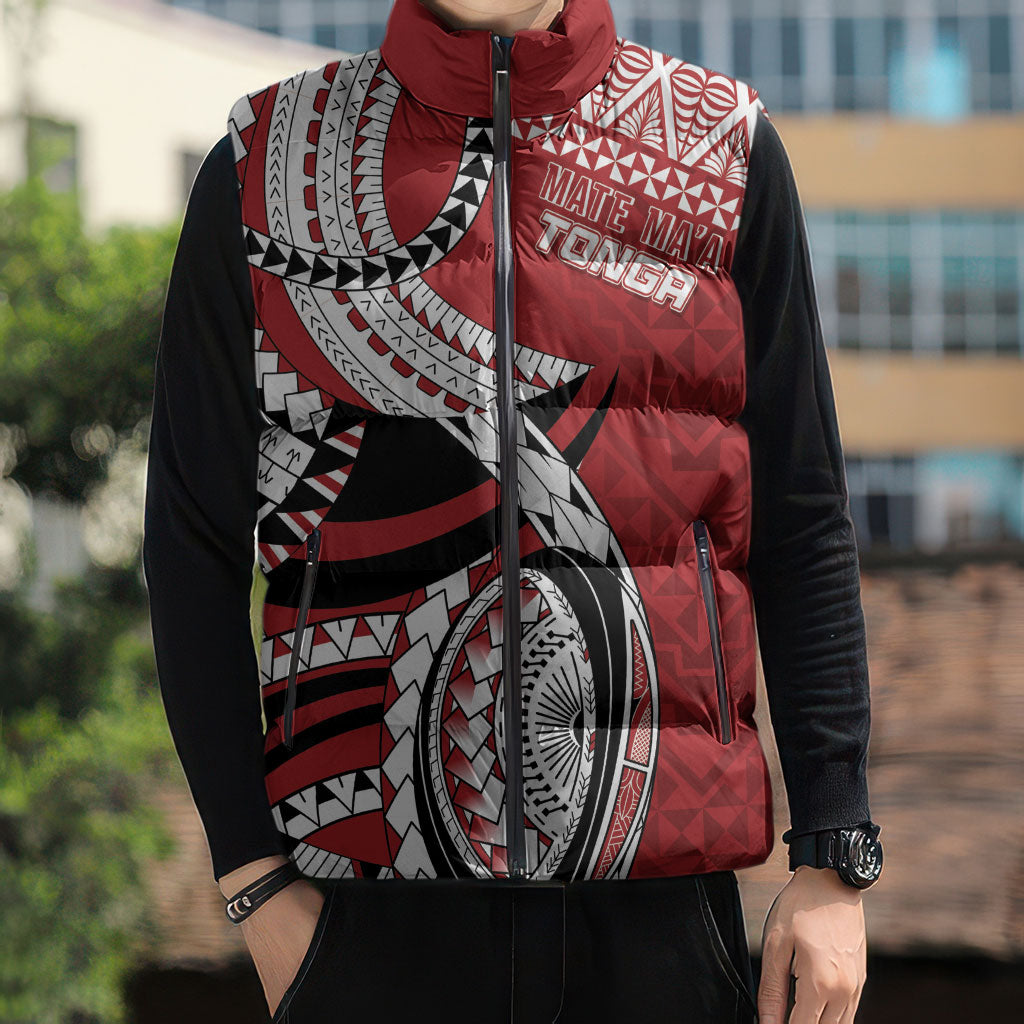 Mate Ma'a Tonga Rugby Custom Kupesi Motifs Sleeveless Puffer Jacket Red Waves LT7 - Polynesian Pride