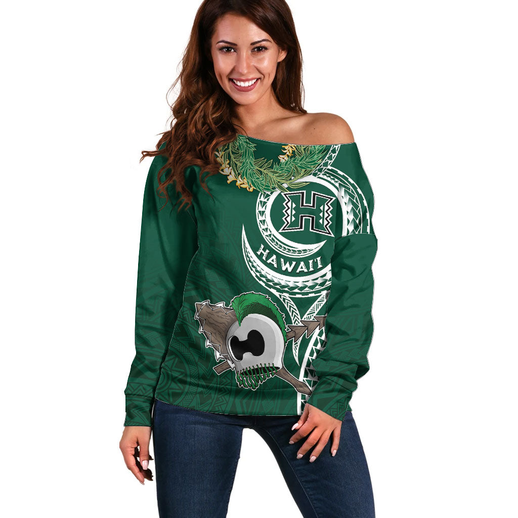 Hawaii Rainbow Warriors Alumni Personalized Off Shoulder Sweater Ti Maile Lei - Glory For The Warriors LT7 Women Dark Green - Polynesian Pride