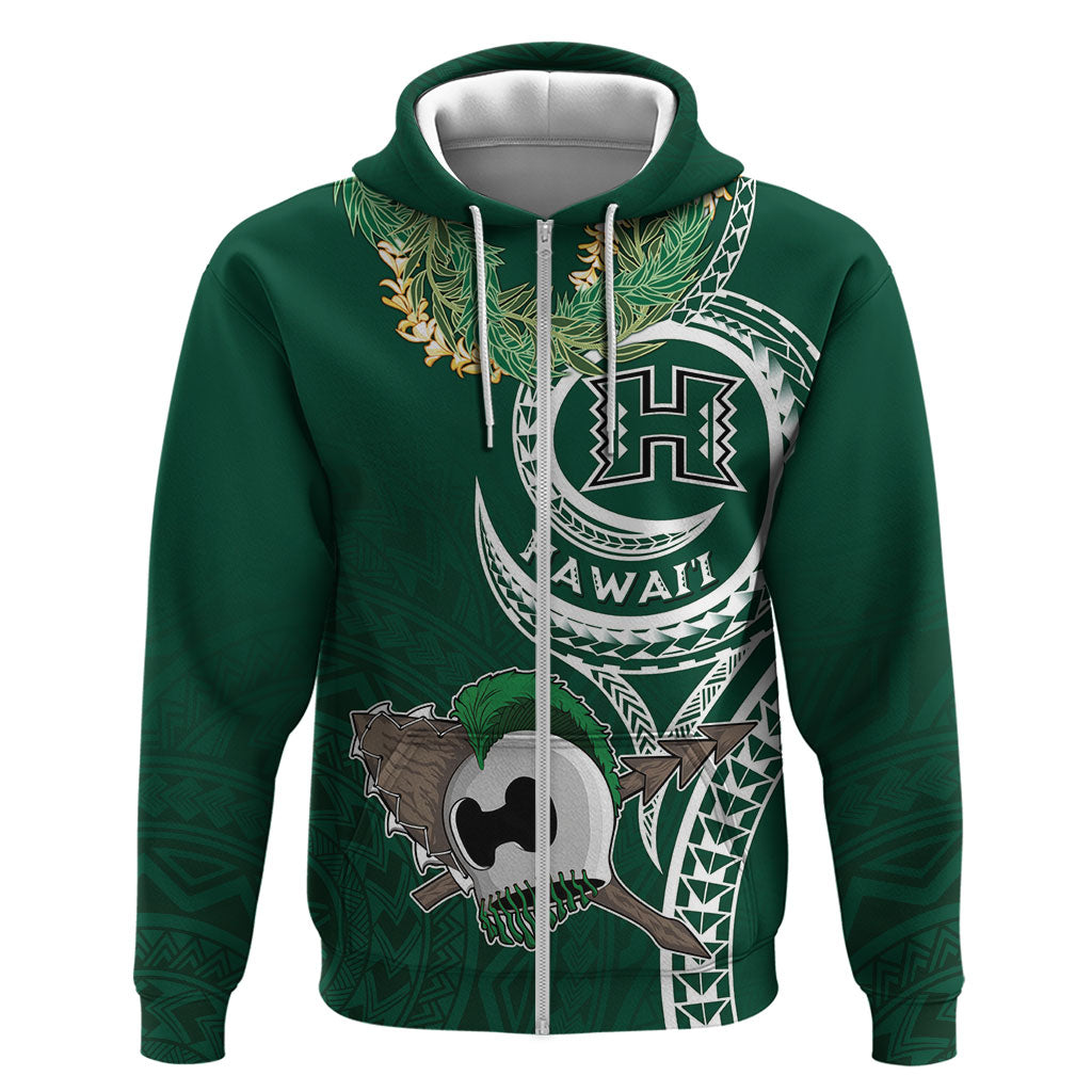 Hawaii Rainbow Warriors Alumni Personalized Zip Hoodie Ti Maile Lei - Glory For The Warriors LT7 Zip Hoodie Dark Green - Polynesian Pride