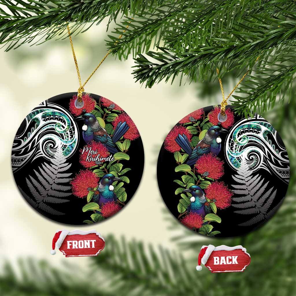 Meri Kirihimete New Zealand Ceramic Ornament Tui on Pohutukawa LT7 Circle Black - Polynesian Pride