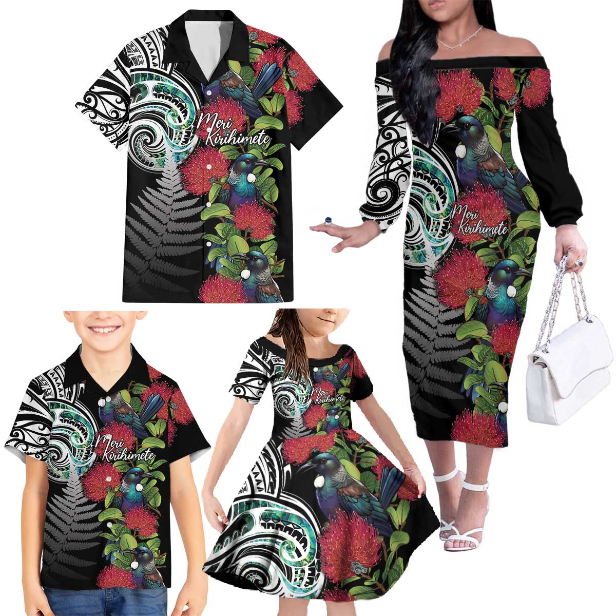 Meri Kirihimete New Zealand Family Matching Off The Shoulder Long Sleeve Dress and Hawaiian Shirt Tui on Pohutukawa