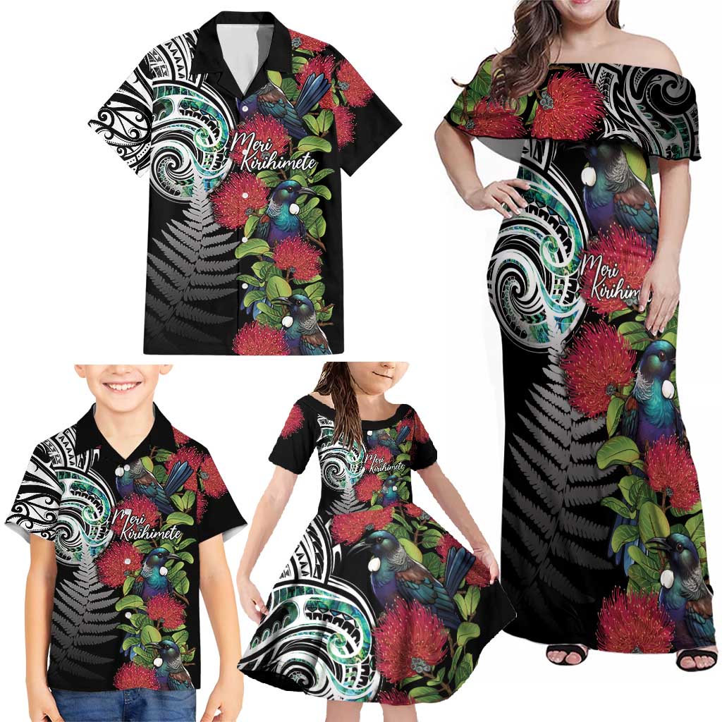 Meri Kirihimete New Zealand Family Matching Off Shoulder Maxi Dress and Hawaiian Shirt Tui on Pohutukawa