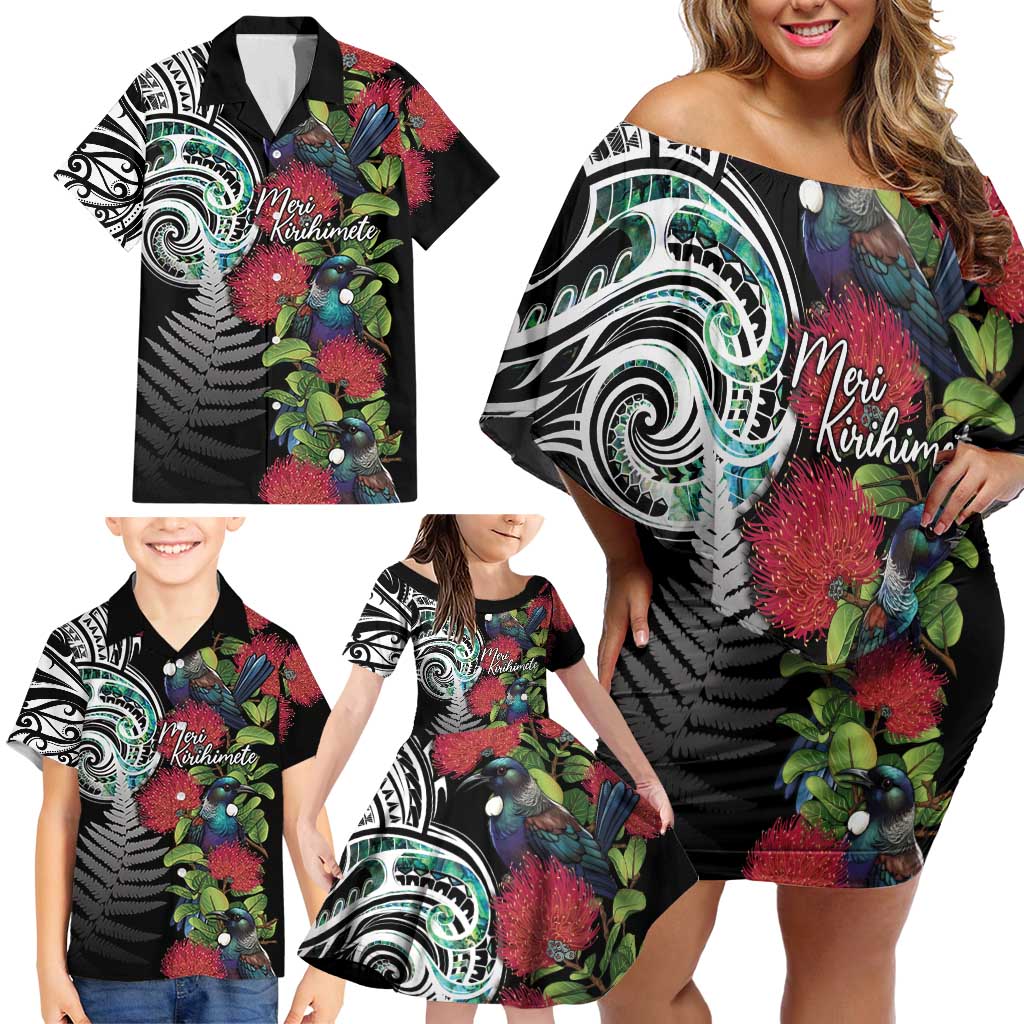 Meri Kirihimete New Zealand Family Matching Off Shoulder Short Dress and Hawaiian Shirt Tui on Pohutukawa